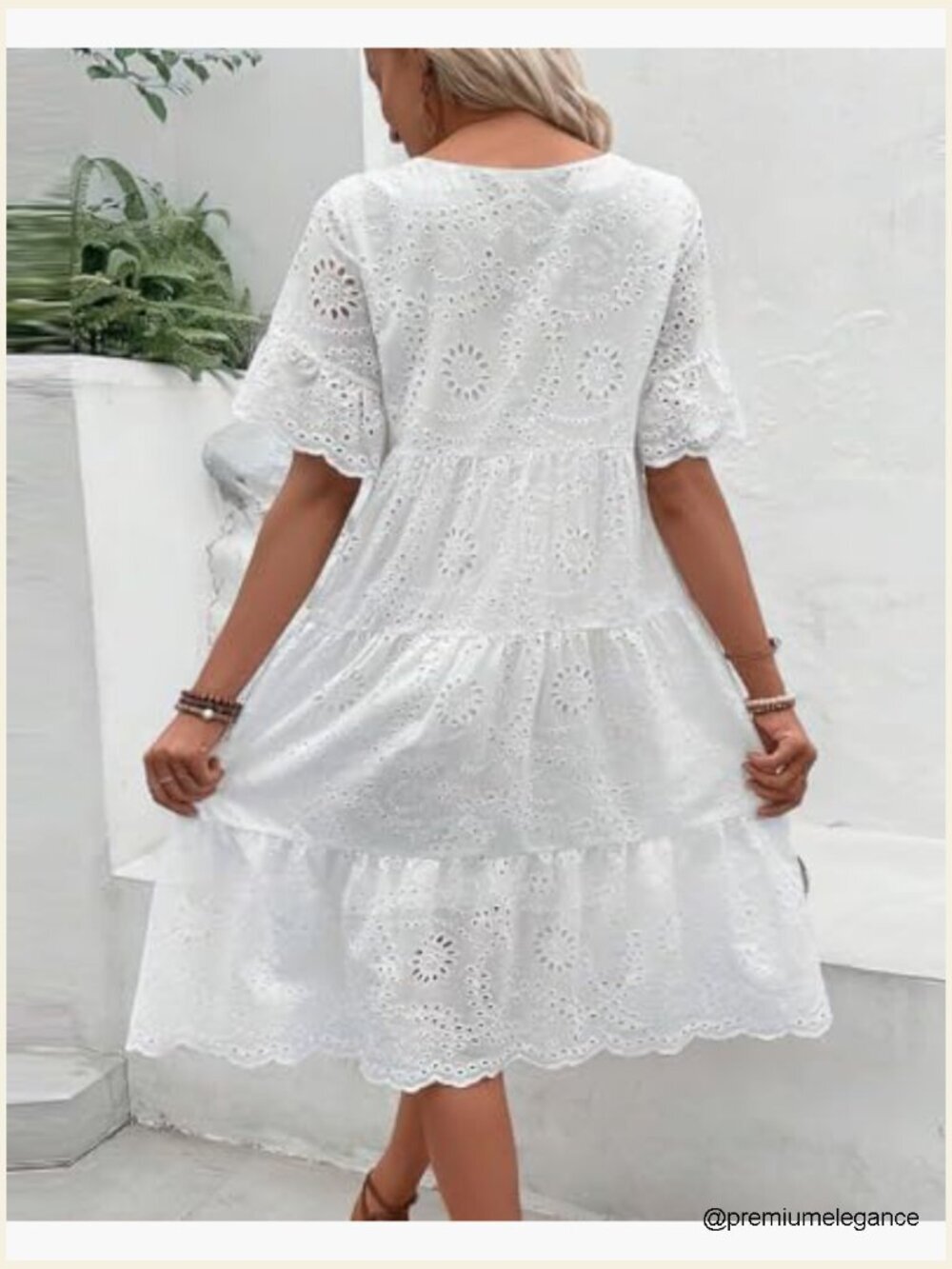 Lace Eyelet Short Sleeve Tiered Midi Dress Ruffle Hem Babydoll Style - Picture 3 of 6